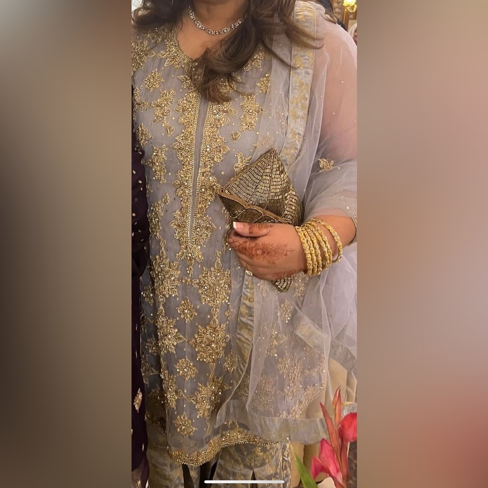 Pakistani Indian Desi Outfit  Grey/Gold hand Embellished banarsi gharara-
